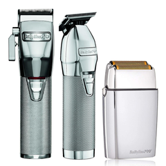 BaByliss PRO Silver FX Combo Deals - Skeleton Cordless Trimmer + SILVERFX Cordless Clipper + Cordless Metal/Sliver Double Foil Shaver.
