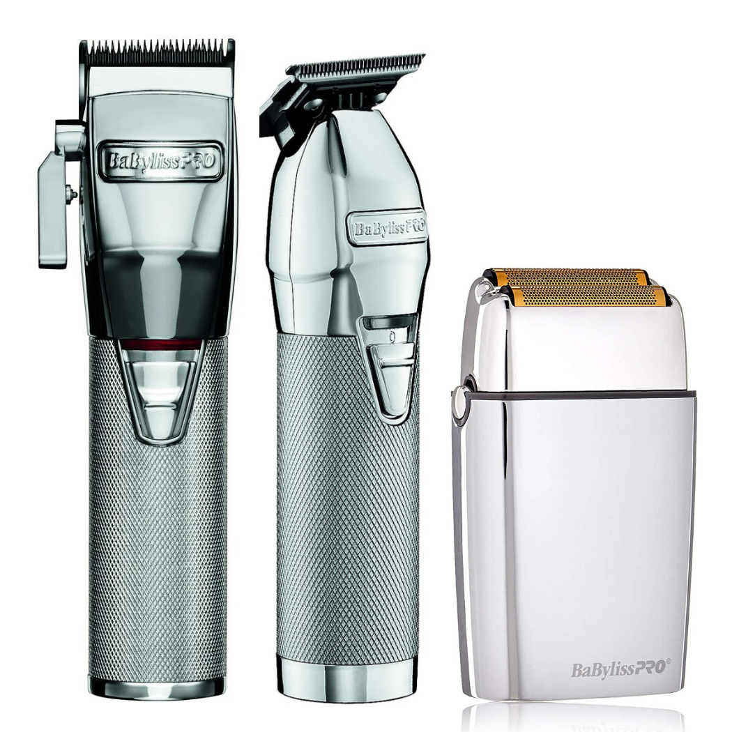 BaByliss PRO Silver FX Combo Deals - Skeleton Cordless Trimmer + SILVERFX Cordless Clipper + Cordless Metal/Sliver Double Foil Shaver.